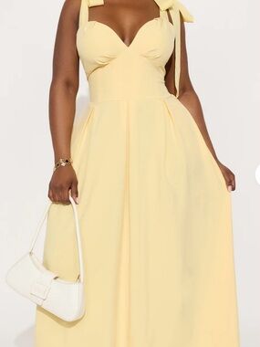 Fashion Nova Pale Yellow Tie-Shoulder Maxi Dress